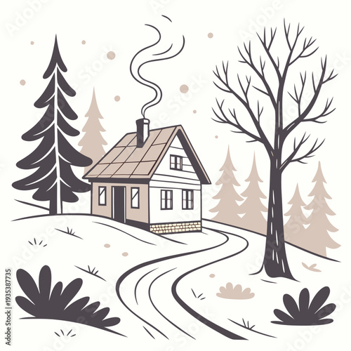 A small house on a snowy hill with trees