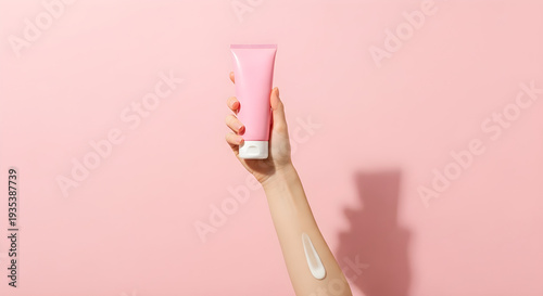 Hand holding pink cosmetic tube with cream application