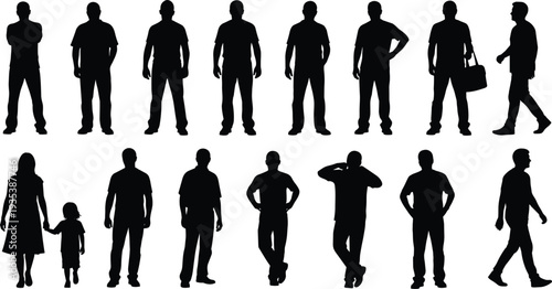 Collection of Black Silhouettes of Men Women and Children in Various Poses woman people