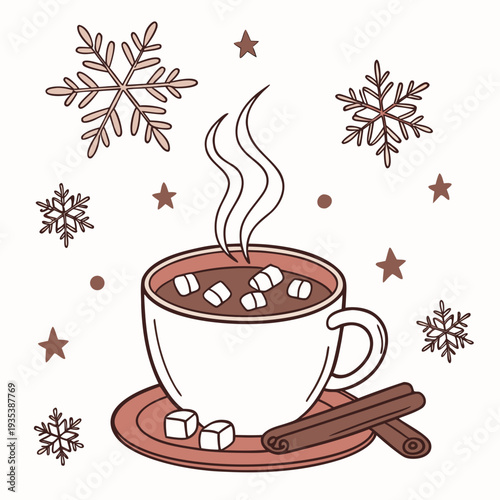 A cup of hot chocolate with marshmallows and cinnamon sticks