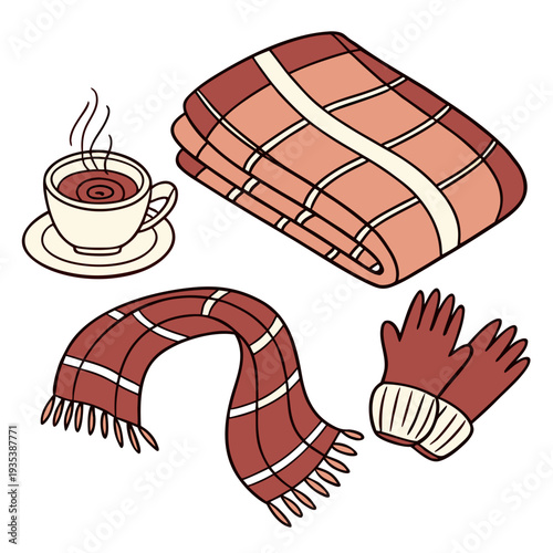 A cozy winter setup with a cup of hot drink