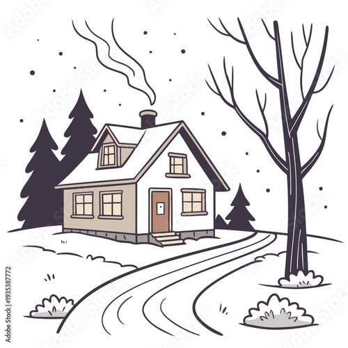 A house on a snowy road with trees in the background