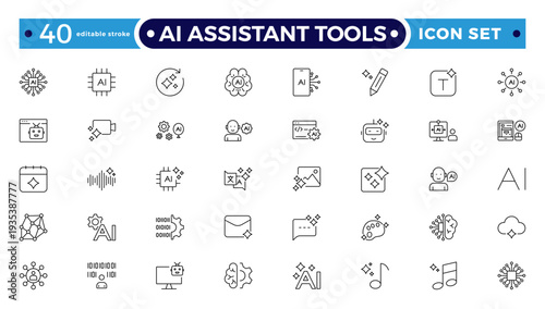 AI Assistant Tools outline icon. Tools arm robotic virtual fitting icon hem futuristic tailoring sensor vector ironing. Editable stroke outline icon.
