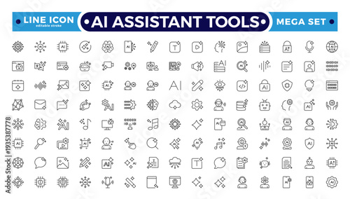 AI Assistant Tools outline icon. Tools arm robotic virtual fitting icon hem futuristic tailoring sensor vector ironing. Editable stroke outline icon.
