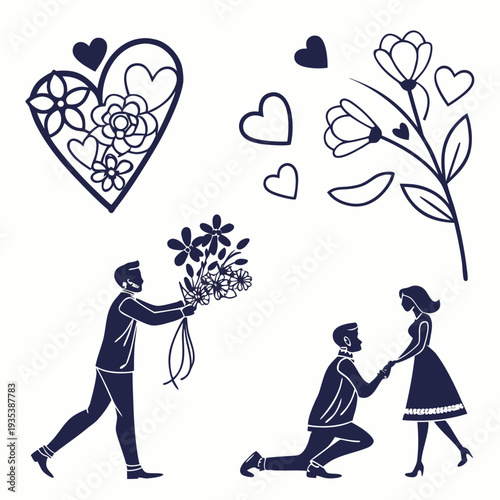 A romantic proposal scene with a man giving a bouquet and another man proposing