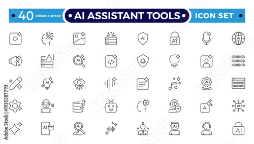 AI Assistant Tools outline icon. Tools arm robotic virtual fitting icon hem futuristic tailoring sensor vector ironing. Editable stroke outline icon.
