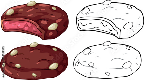 Chocolate Covered Dessert with Pink Filling and Nuts Food Illustration with outline
