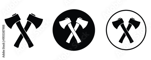 Set of crossed axe icons in black and white for logo or symbol use