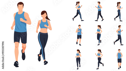 A man and a woman running together, with multiple illustrations of people jogging in various poses, Vector Illustration.