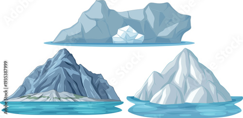 Watercolor Icebergs and Blue Water Surface Arctic Landscape Illustration Set