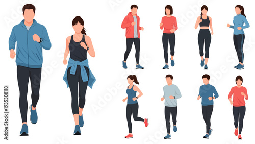 A group of diverse men and women running and jogging in athletic wear, isolated on a white background.