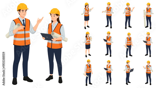 Cartoon illustrations of male and female construction workers or engineers in various poses, Vector Illustration.