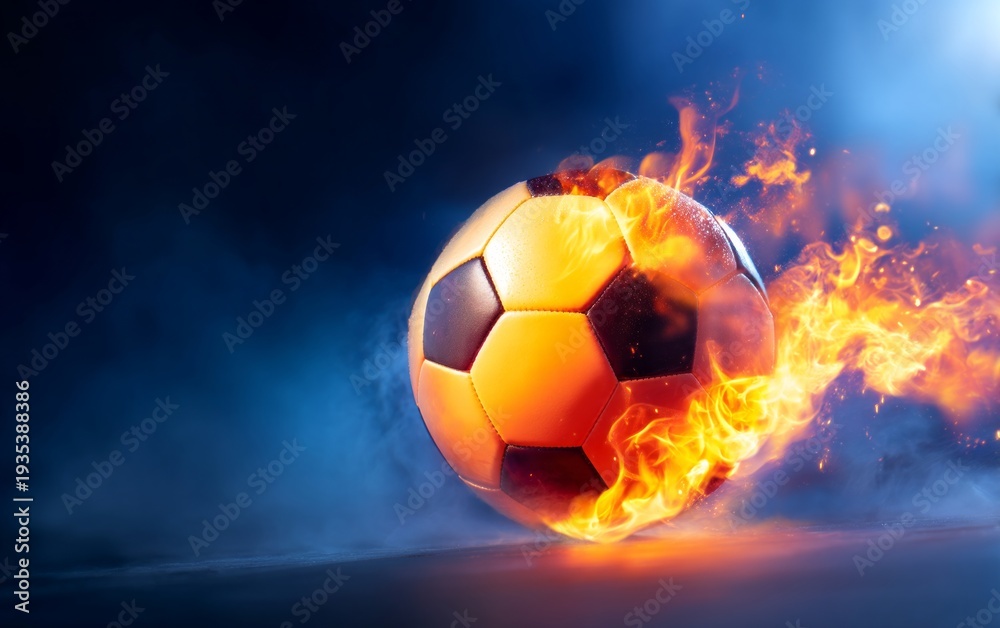 Fototapeta premium Soccer Ball Wrapped in Flowing Flames of Orange and Yellow