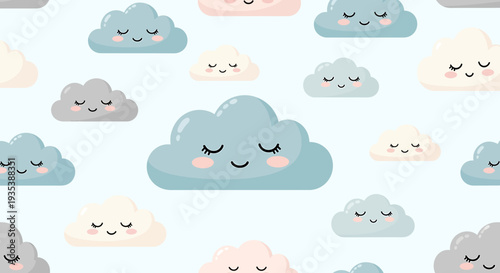 Cute Kawaii Clouds Seamless Pattern - Pastel Sky Background