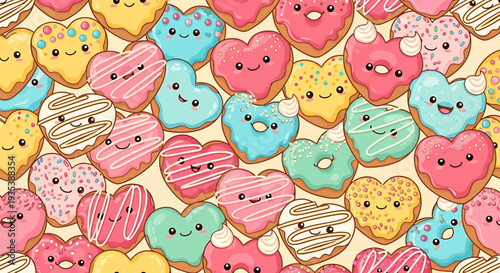 Cute Heart Shaped Donuts Pattern, Kawaii Sweets, Valentine's Day Background