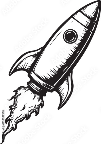 A retro rocket ship boldly ascends into the sky, its fiery engines ablaze, a symbol of innovation.