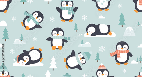 Cute Penguin Pattern Seamless Winter Snowflakes Christmas Festive