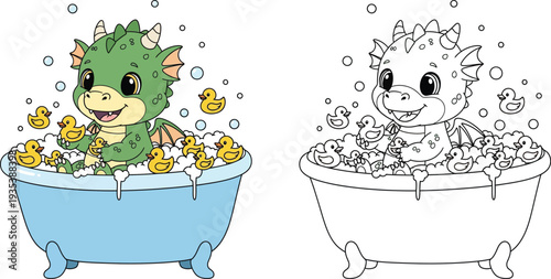 Adorable Cartoon Baby Dragon Bathing with Rubber Ducks Cute & Playful Illustration
