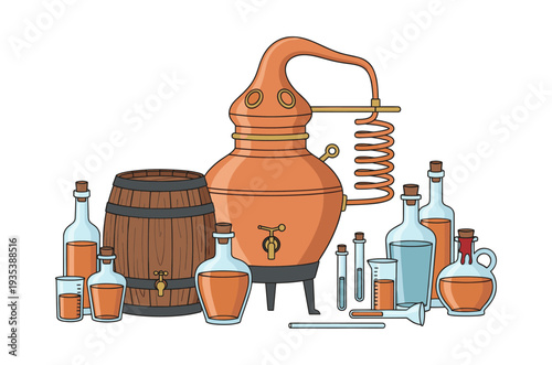 Producing distilled beverages with an old-fashioned copper alemic still, wooden barrel, and various bottles and glassware