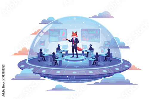 Anthropomorphic Fox Presentation in Futuristic Dome with Blue Hues and Minimalist Design for Business Illustration