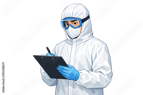 Scientist in protective suit writing on clipboard in laboratory environment from front viewpoint