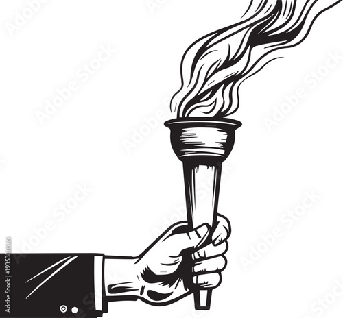 A hand firmly grips a flaming torch. conveying power, resilience, and guidance. This image is a stark, black-and-white portrayal that signifies hope and the eternal flame.