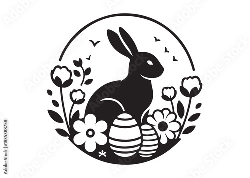 easter bunny eggs and flowers logo silhouette, easter eggs silhouette vector illustration,  decorative pattern logo silhouette, easter bunny eggs and floral logo silhouette design on white background