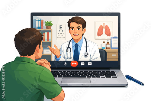 A man views a digital illustration of a doctor consultation on his laptop screen displaying a medical professional.