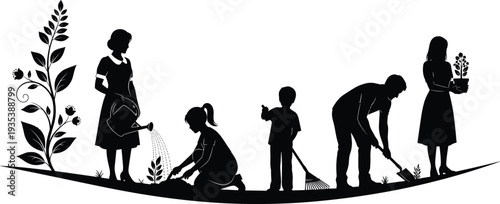 Black silhouette of a family gardening together with children planting seeds and adults watering plants for a sustainable eco-friendly lifestyle