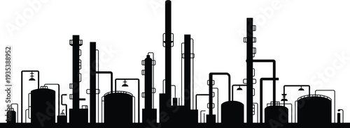 Industrial refinery plant silhouettes with oil tanks pipelines and factory towers isolated on white background energy industry vector illustration