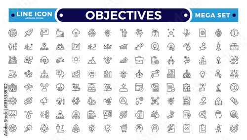 Objectives outline icon. Business core values, mission and vision line icon set. Corporate strategy, integrity, company culture, ethics, quality and success outline icon. Editable stroke outline icon.
