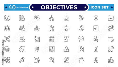 Objectives outline icon. Business core values, mission and vision line icon set. Corporate strategy, integrity, company culture, ethics, quality and success outline icon. Editable stroke outline icon.