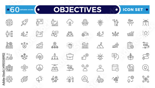 Objectives outline icon. Business core values, mission and vision line icon set. Corporate strategy, integrity, company culture, ethics, quality and success outline icon. Editable stroke outline icon.
