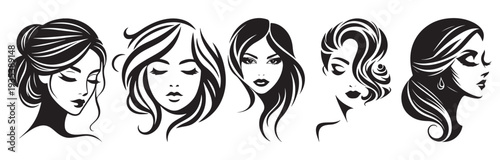 Five diverse women hairstyles side profile portrait vector illustration flat design