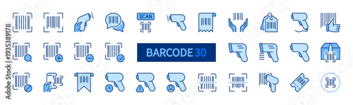 Barcode icons set. Scanning, scanner sign. Scan reader symbol. Blue solid icon collection. Flat vector design. Editable stroke. For apps, website, business, infographic, etc.