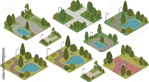 Isometric city park landscape elements with ponds trees benches walking paths and playground areas urban green space vector set