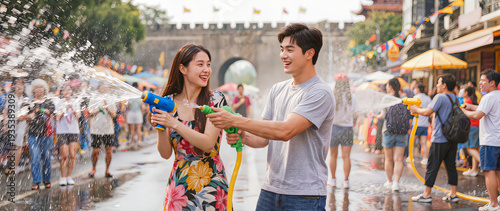 Wide banner close-up of a happy young couple playing with water guns and laughing during Songkran Festival in Thailand, vibrant street celebration with splashing water and copy space