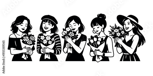 Five smiling women holding various floral bouquets in a black and white illustration, embodying joy and femininity