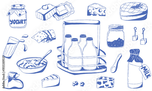 Dairy products mediterranean blue collection. Sour cream, milk, yogurt, cheese buratta, brie, cottage cheese. Hand drawn doodle illustrations for cafe menus, packaging, stickers, branding, food design