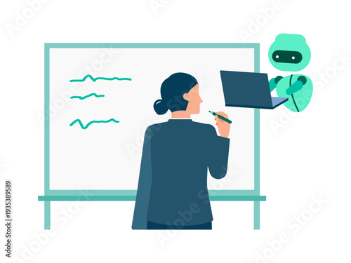 Businesswoman writing ideas on a whiteboard while a smart AI robot digitizes and searches the notes on a laptop in real time