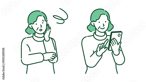 Senior woman struggling with smartphone and happy smiling grandmother solving problem by touching screen vector illustration set