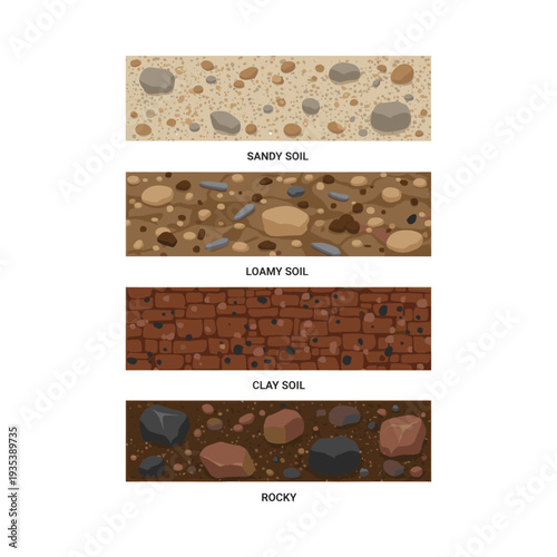 Soil types illustration displaying various layers and textures from sandy to clay and rocky, useful for educational content