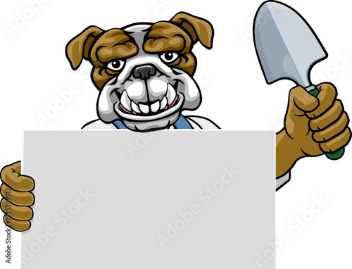 A gardener, farmer or handyman bulldog dog cartoon mascot man holding a gardening tool