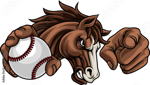 Horse mustang bronco stallion baseball softball angry sports team mascot holding a ball.