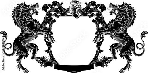 Boars coat of arms or crest family heraldry medieval heraldic knight shield with helmet and acanthus filigree scroll ornament in a vintage woodcut style.