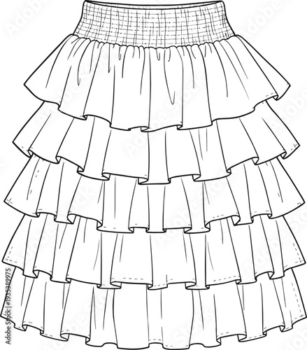Black‑and‑white fashion illustration of tiered skirt featuring multiple ruffled layers, elastic smocked waistband, feminine structured design, garment construction details, and textile style concept