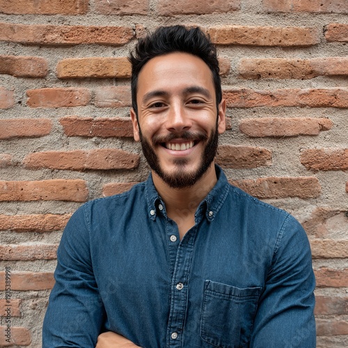 Handsome young hispanic man with a beard smiling in front of an isolated brown brick wall background