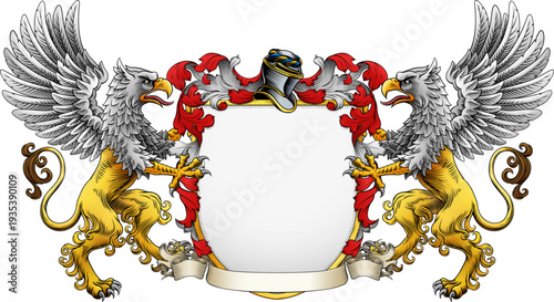 Griffin or gryphon coat of arms or crest family heraldry medieval heraldic knight shield. With helmet and acanthus filigree scroll ornament in a vintage woodcut style.