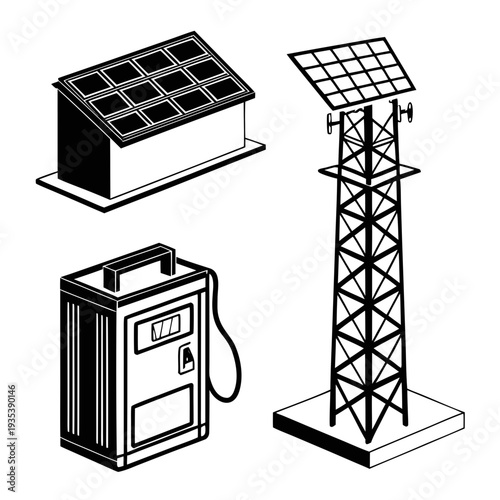 Black and white line drawing of solar panel, oil derrick and gas pump