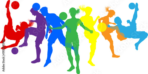 Soccer football player male and female colorful silhouette outlines men and women group
